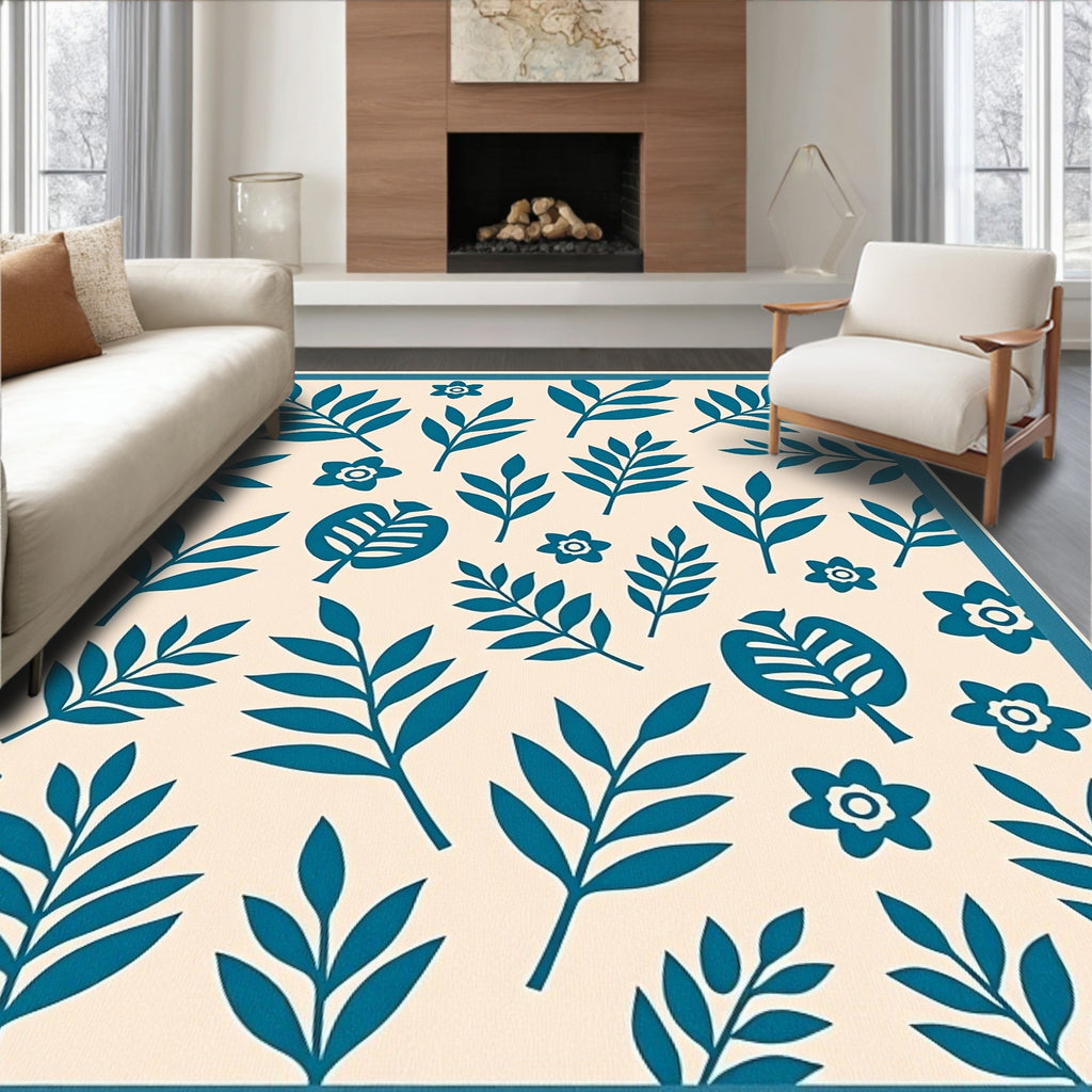 Teal Leafy Floral Pattern Rug