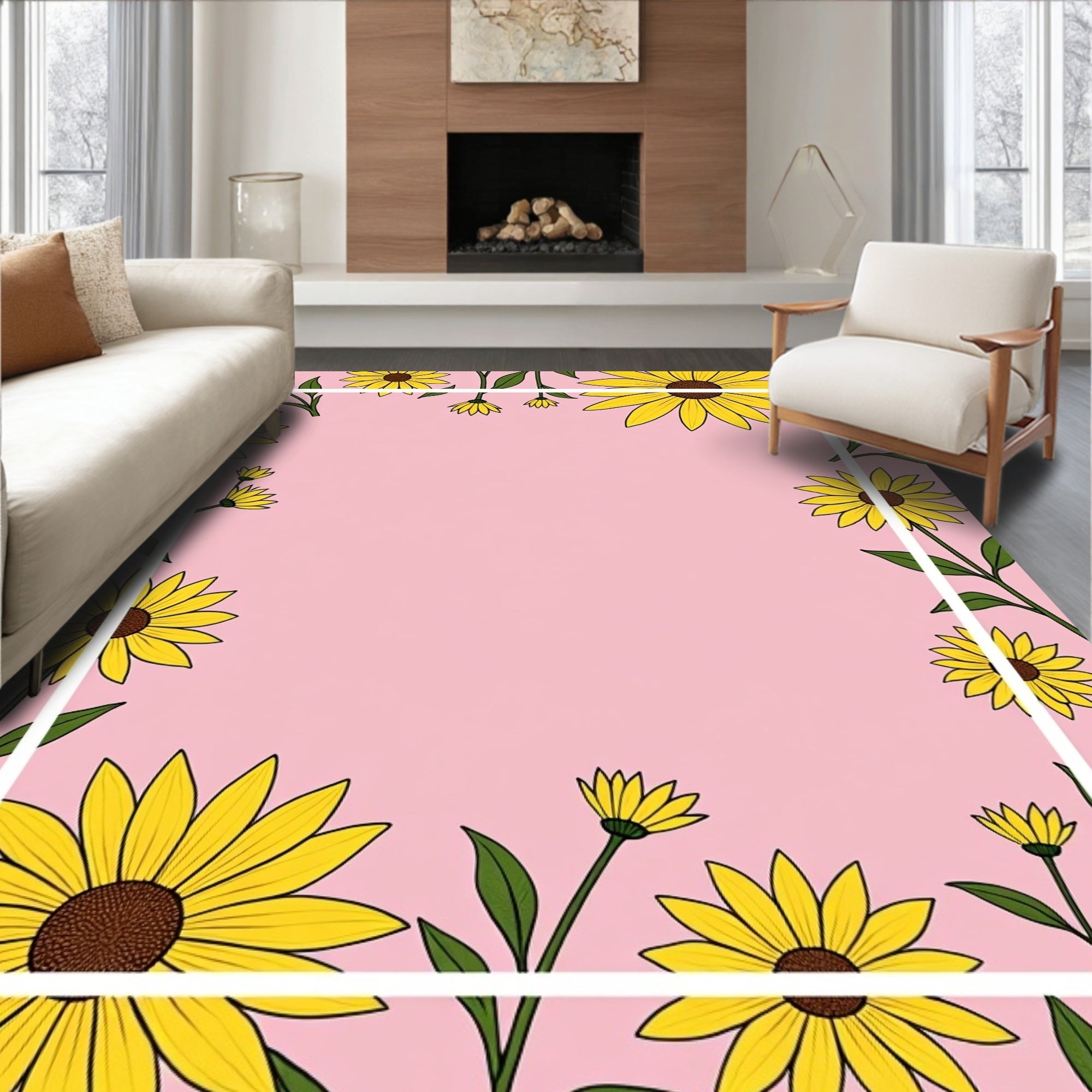 Sunny Yellow Floral Frame Rug