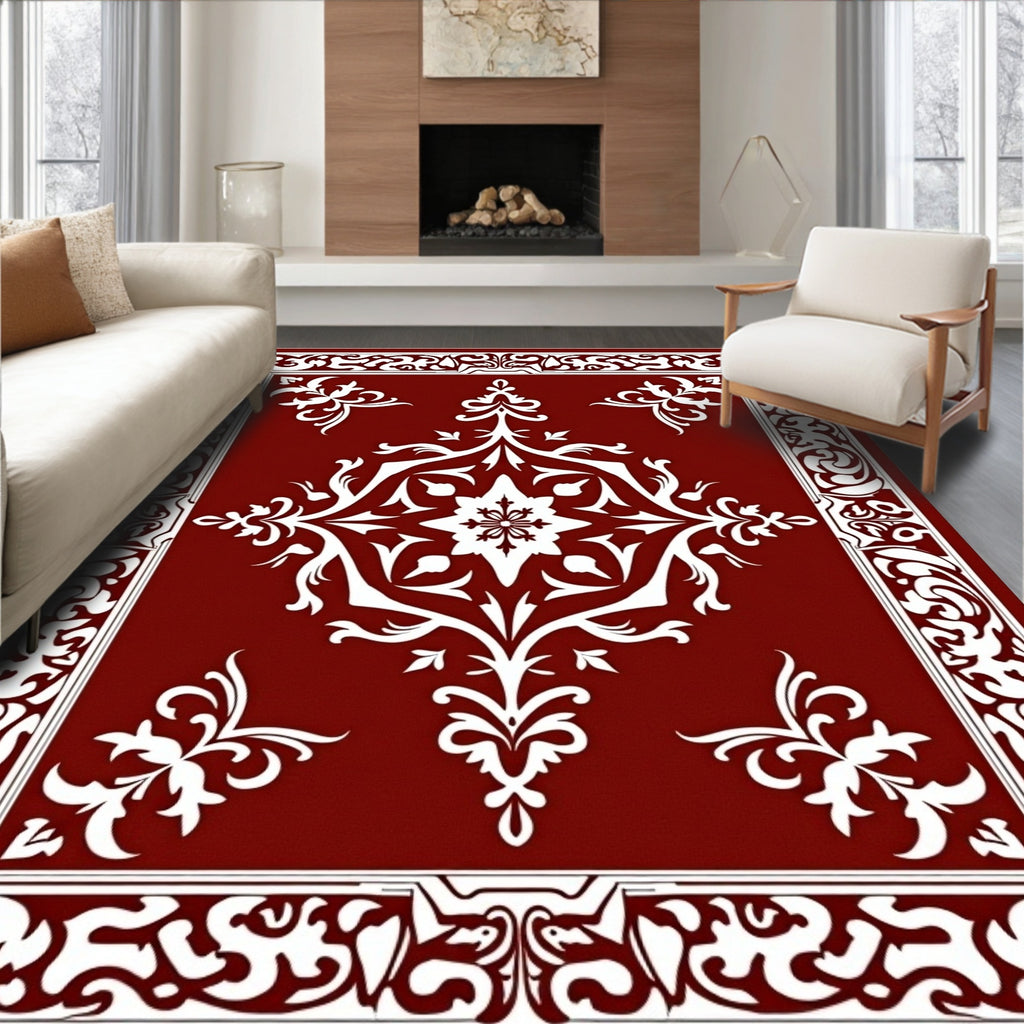 Red White Elaborate Floral Border Design Rug