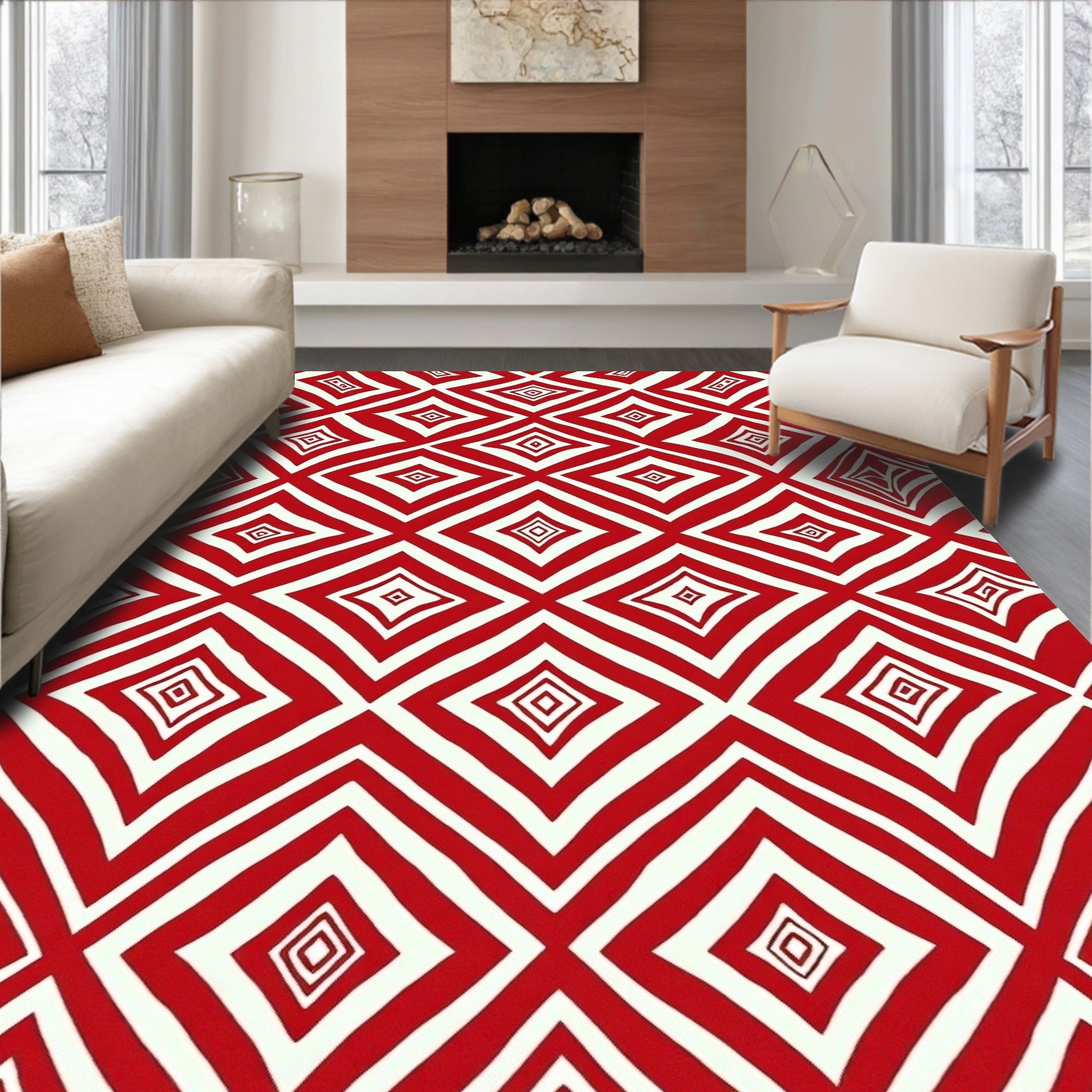 Red White Diamond Illusion Rug