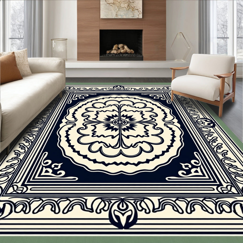Ornate Floral Medallion Cream Navy Rug