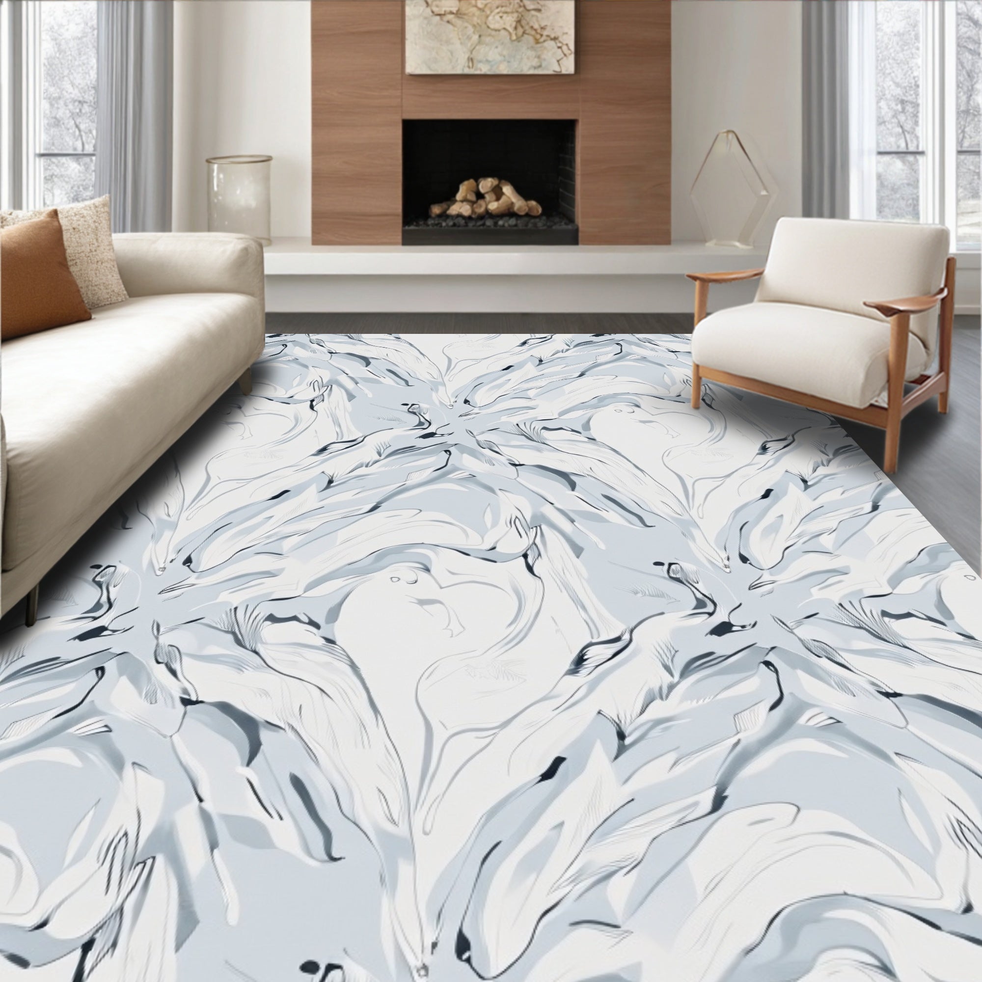 Abstract Swan And Wave Pattern Rug