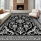 Classic Black White Floral Damask Design Rug
