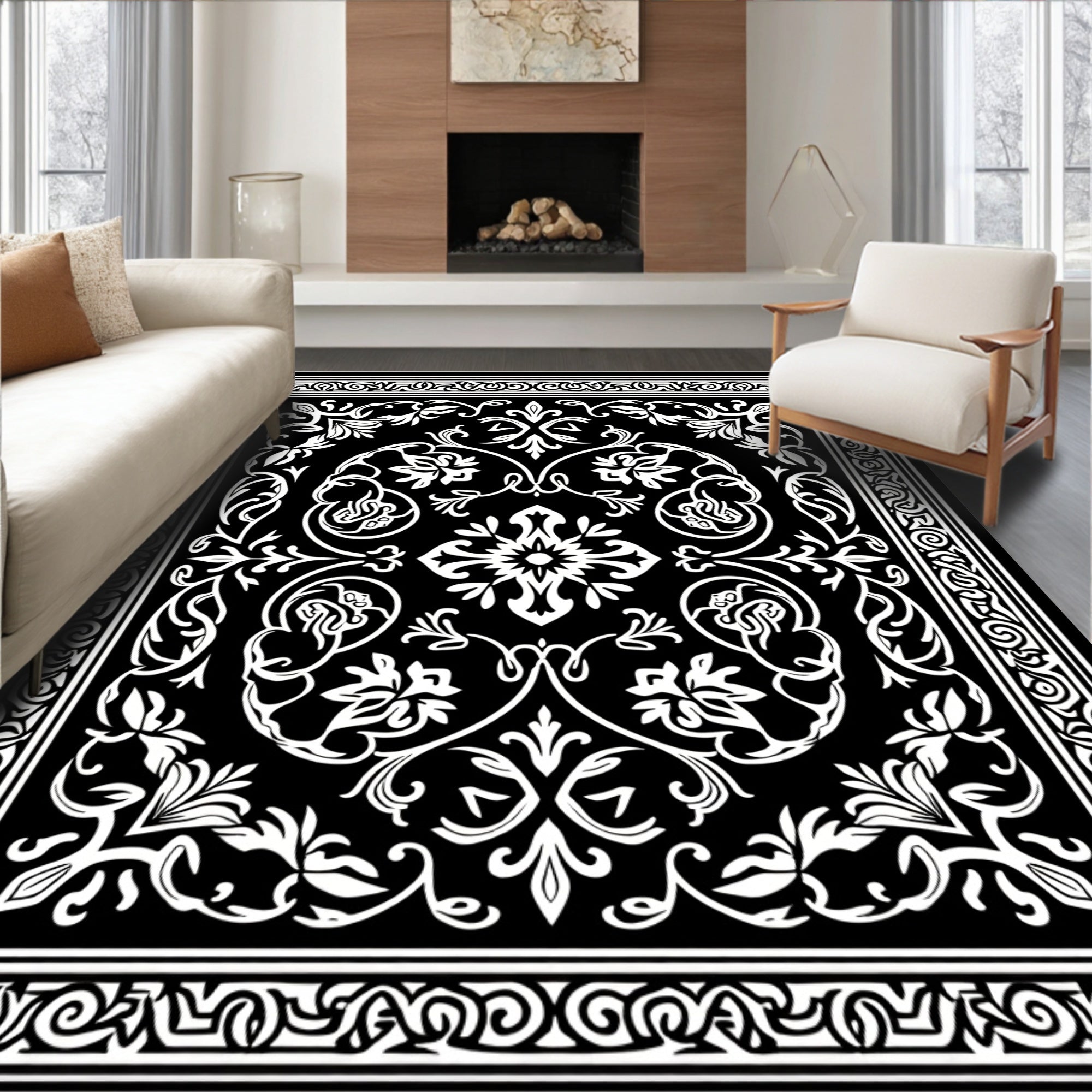 Classic Black White Floral Damask Design Rug