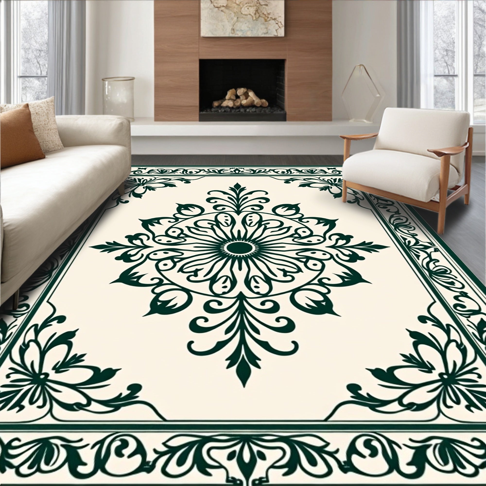 Elaborate Floral Medallion Border Design Rug