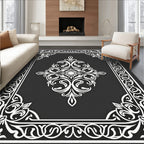 Ornate Black White Scroll Pattern Rug