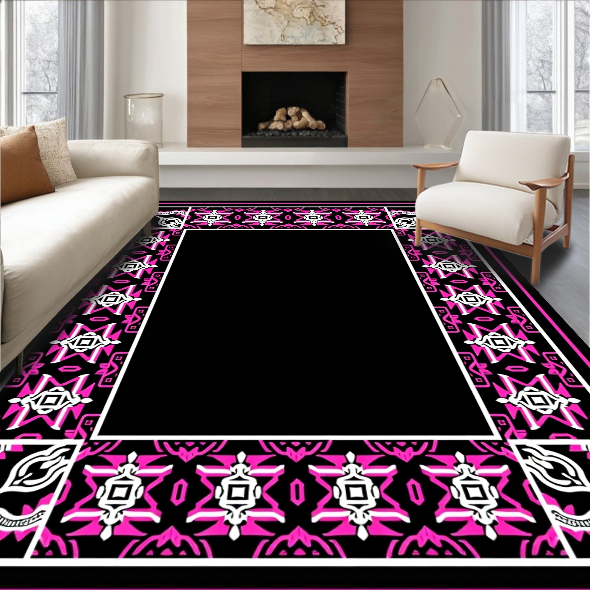 Bold Geometric Pink and White Frame Rug