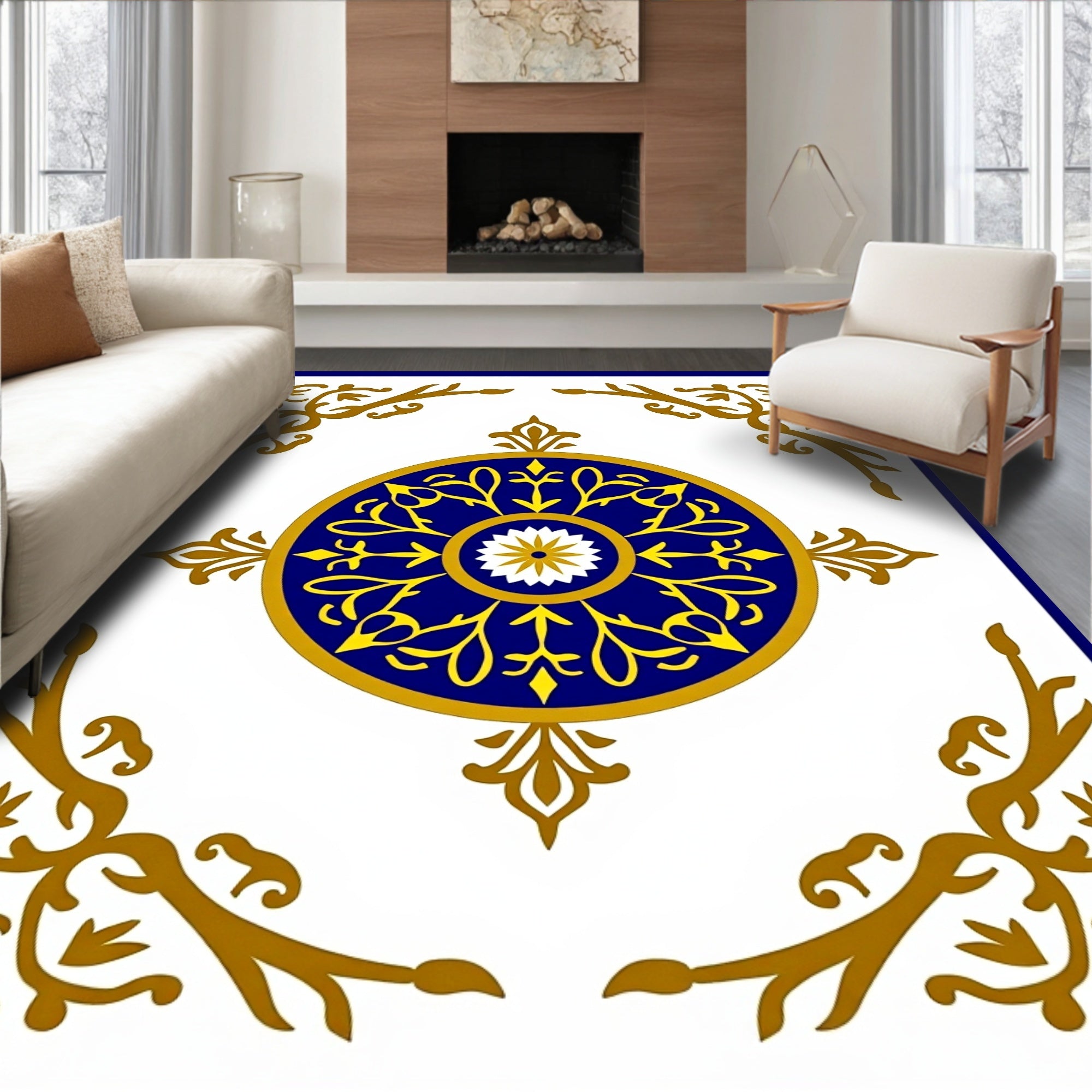 Classic Blue Gold Medallion Scroll Rug