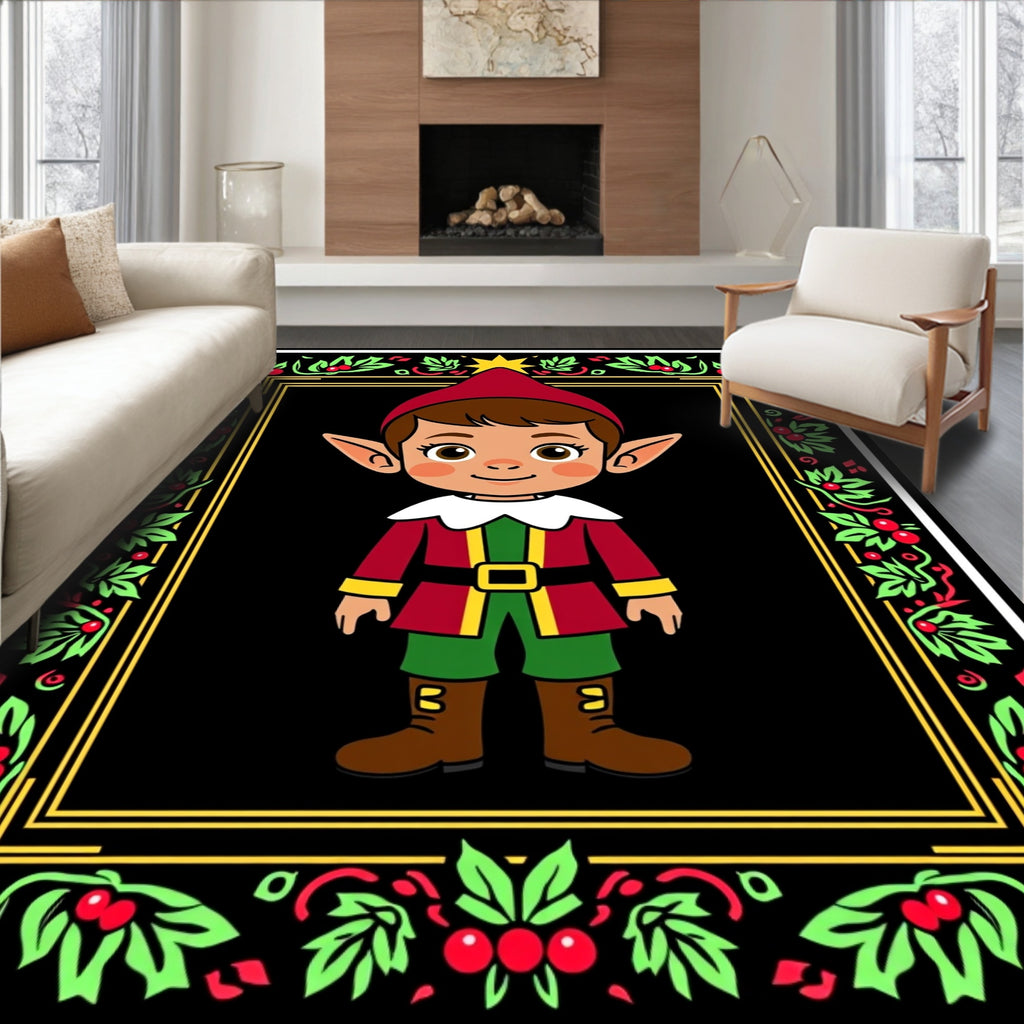 Festive Elf Holly Christmas Border Rug