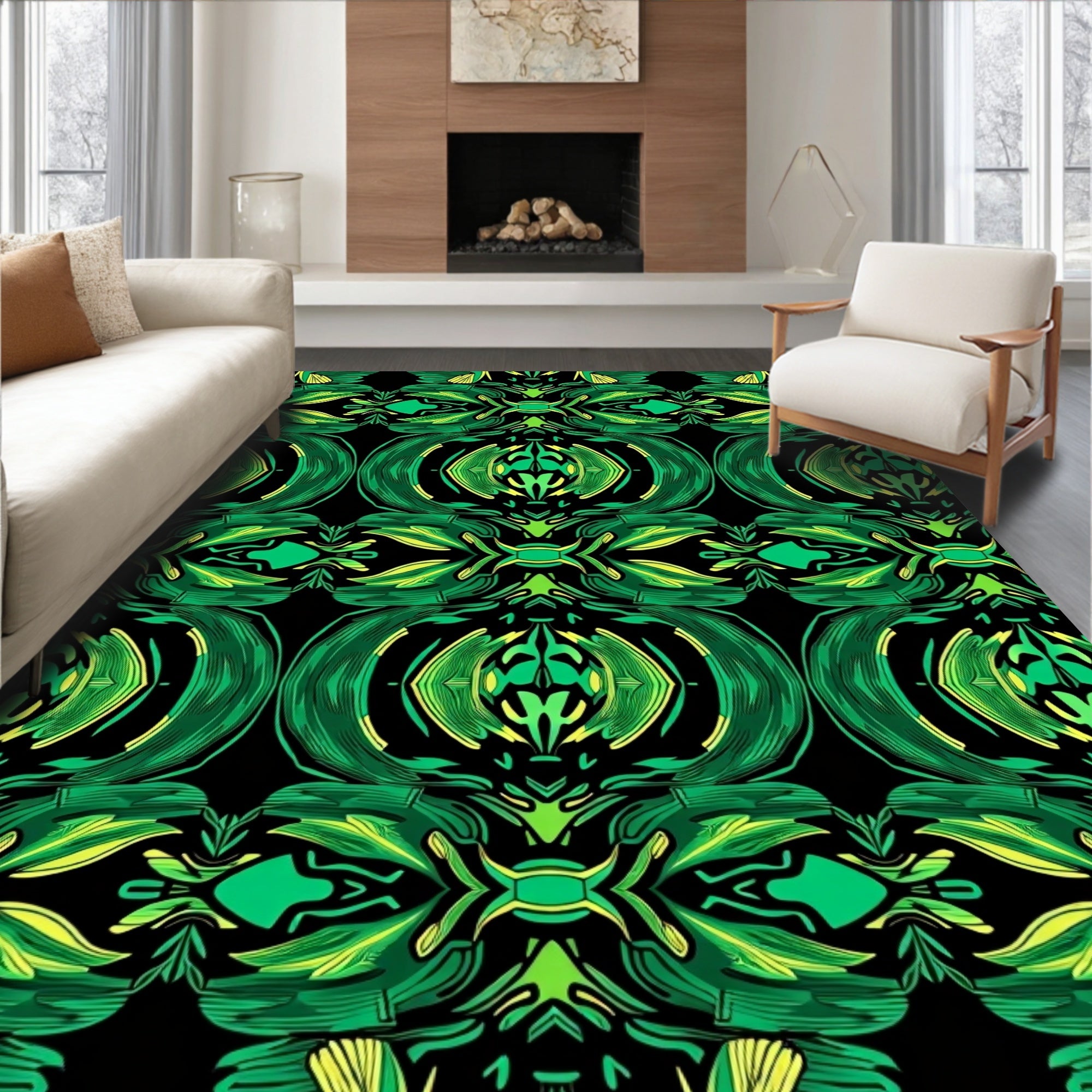 Lush Green Exotic Floral Pattern Rug
