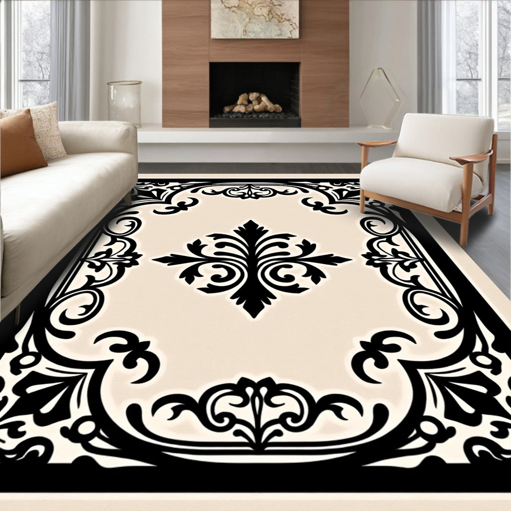Ornate Black Flourish Decorative Pattern Rug