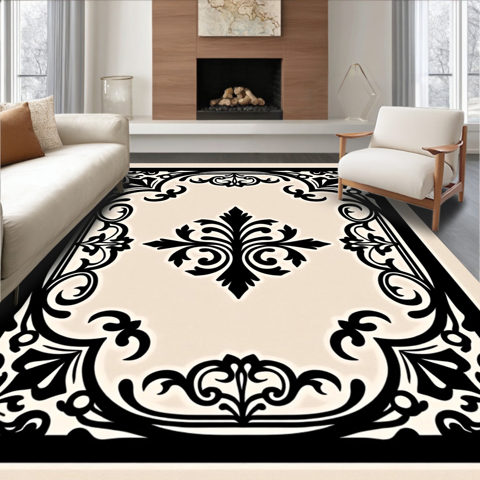 Ornate Black Flourish Decorative Pattern Rug
