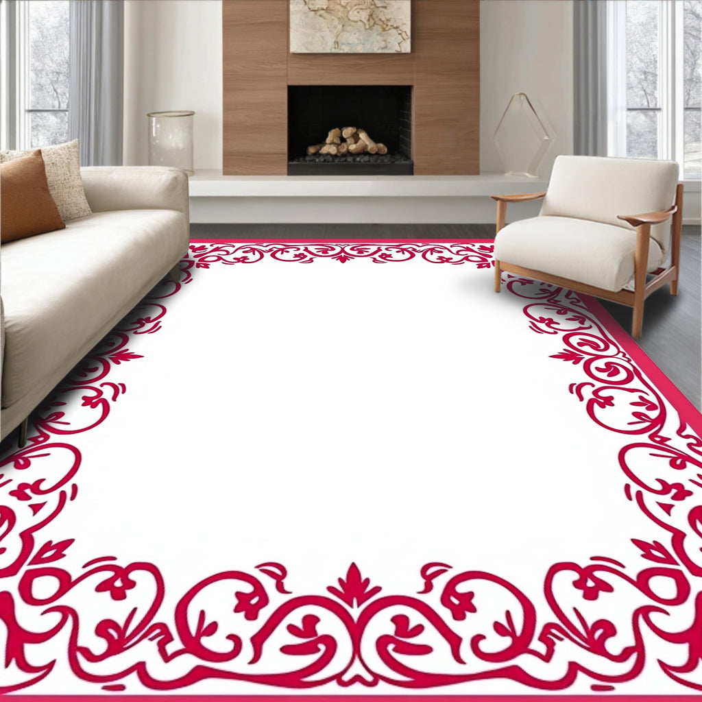 Elegant Swirl Floral Red Border Design Rug