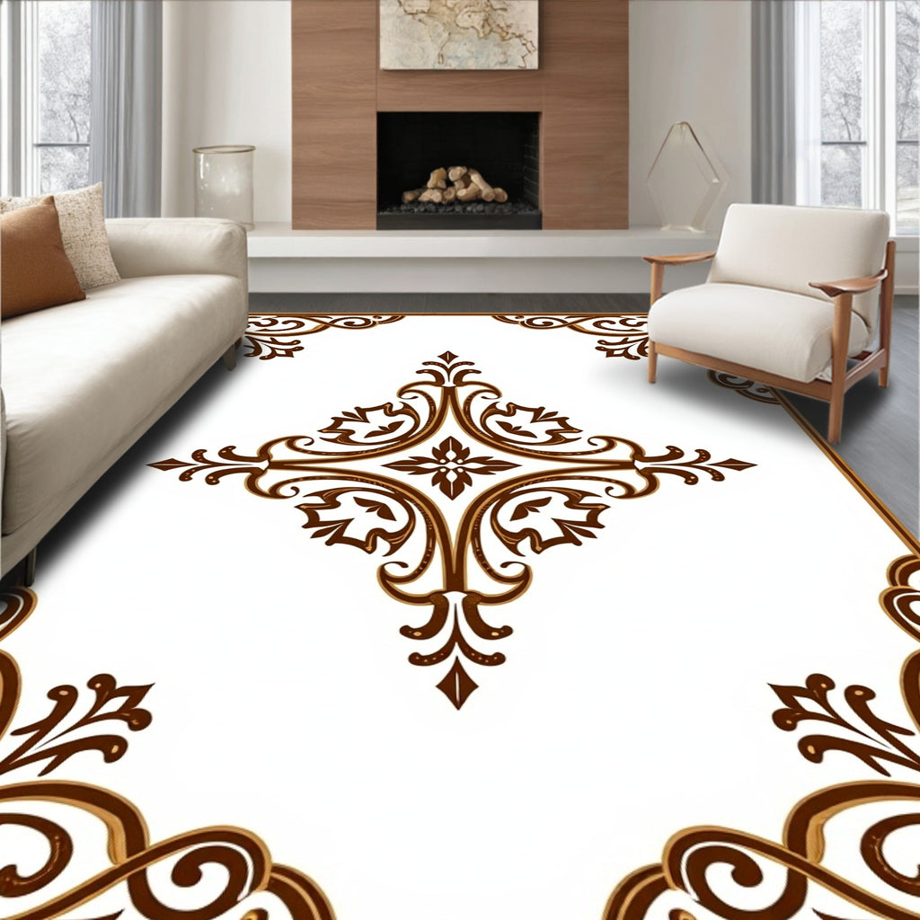 Elegant Brown Floral Scroll Design Rug