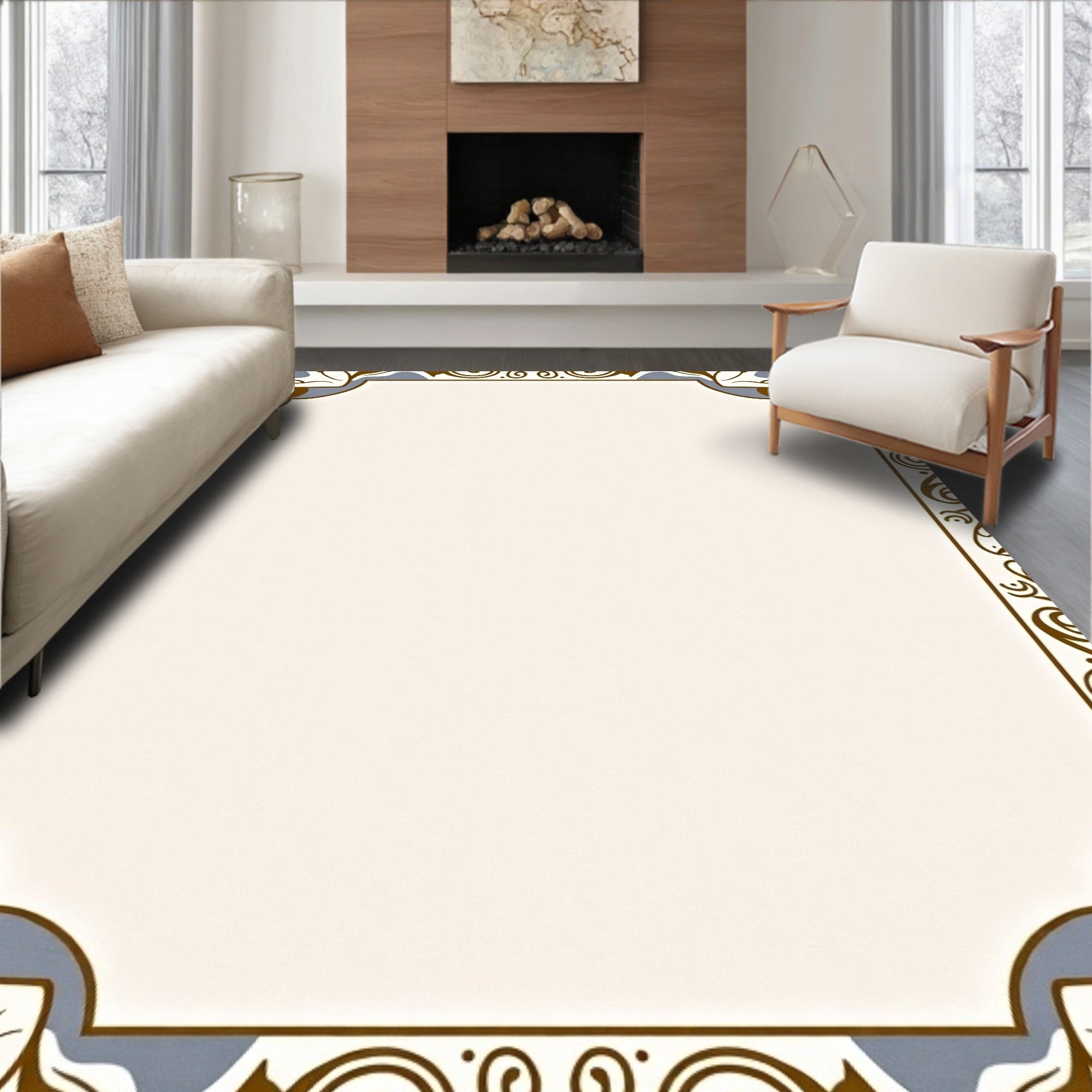 Ornate Floral Scroll Border Design Rug