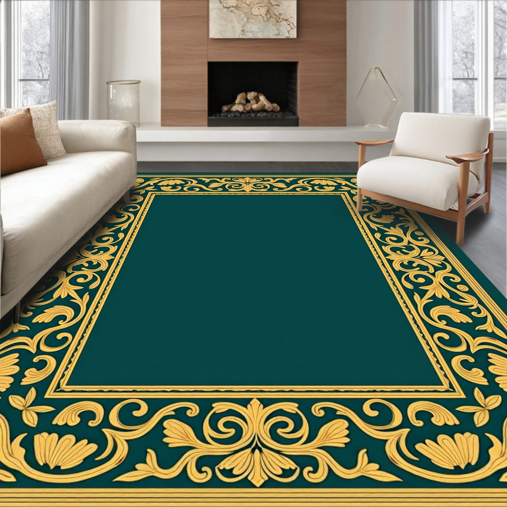 Golden Floral Scrollwork Classic Border Design Rug