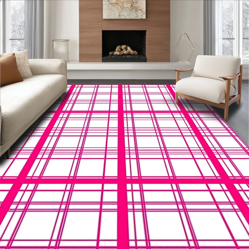 Bold Pink Plaid Pattern Rug