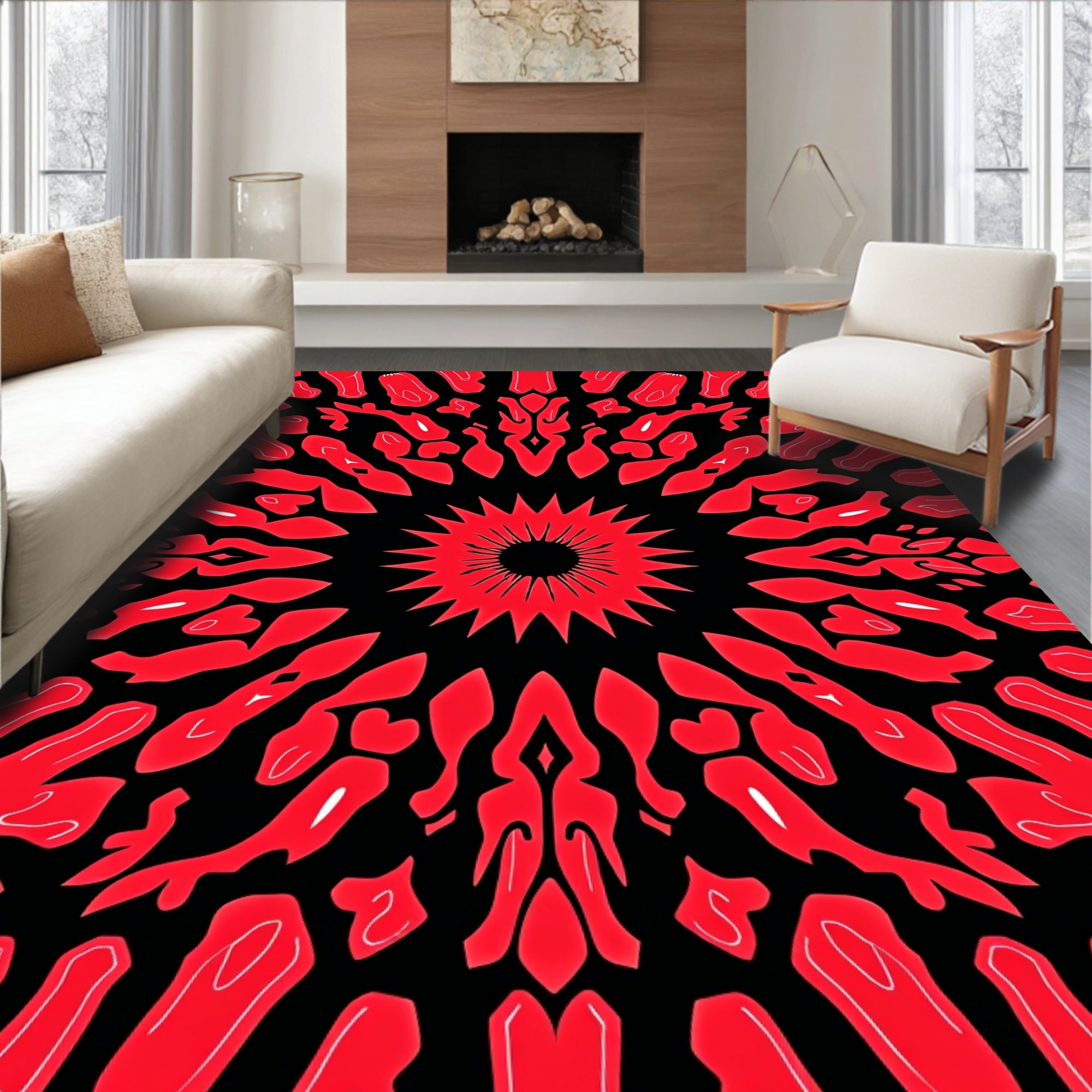 Bold Red Abstract Sunburst Mandala Rug