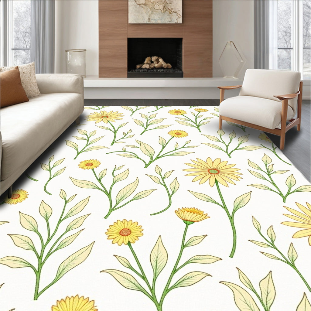 Yellow Daisy Floral Botanical Pattern Rug