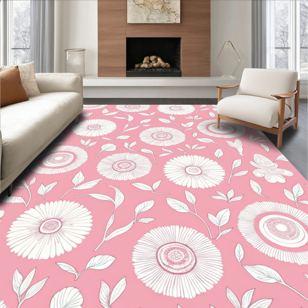 Pink Floral Whimsical Flower Pattern Rug