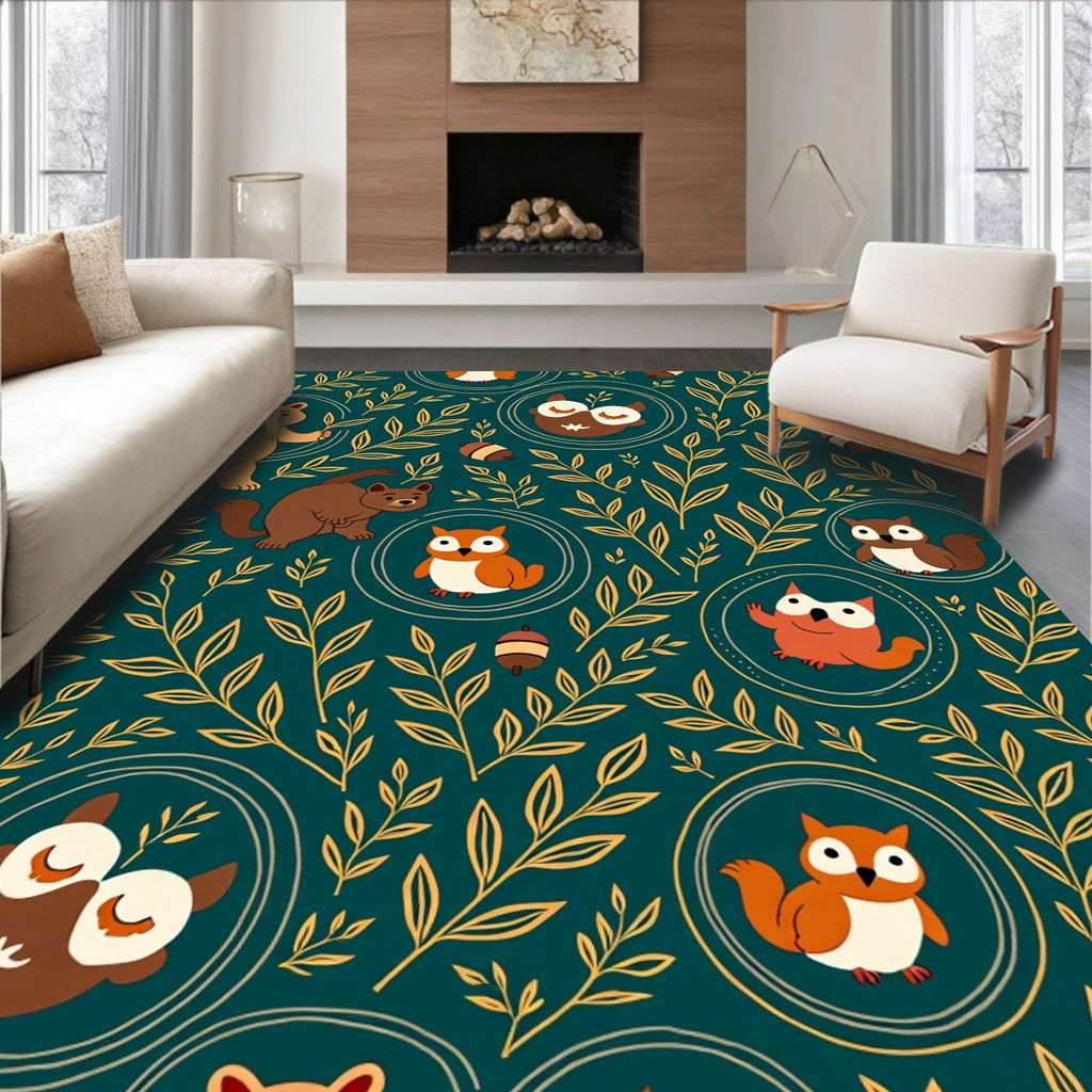 Forest Animals Golden Foliage Pattern Rug