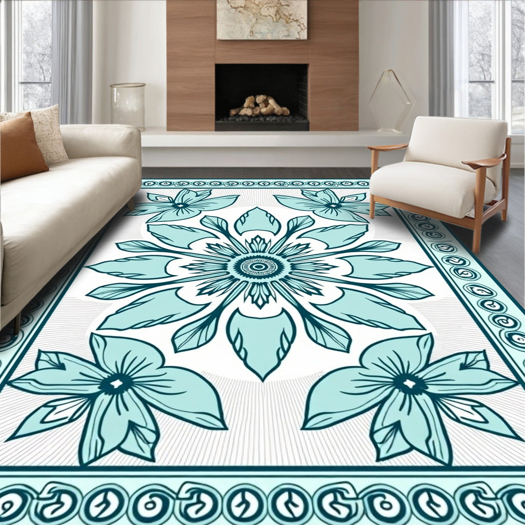 Teal Floral Mandala Border Design Rug