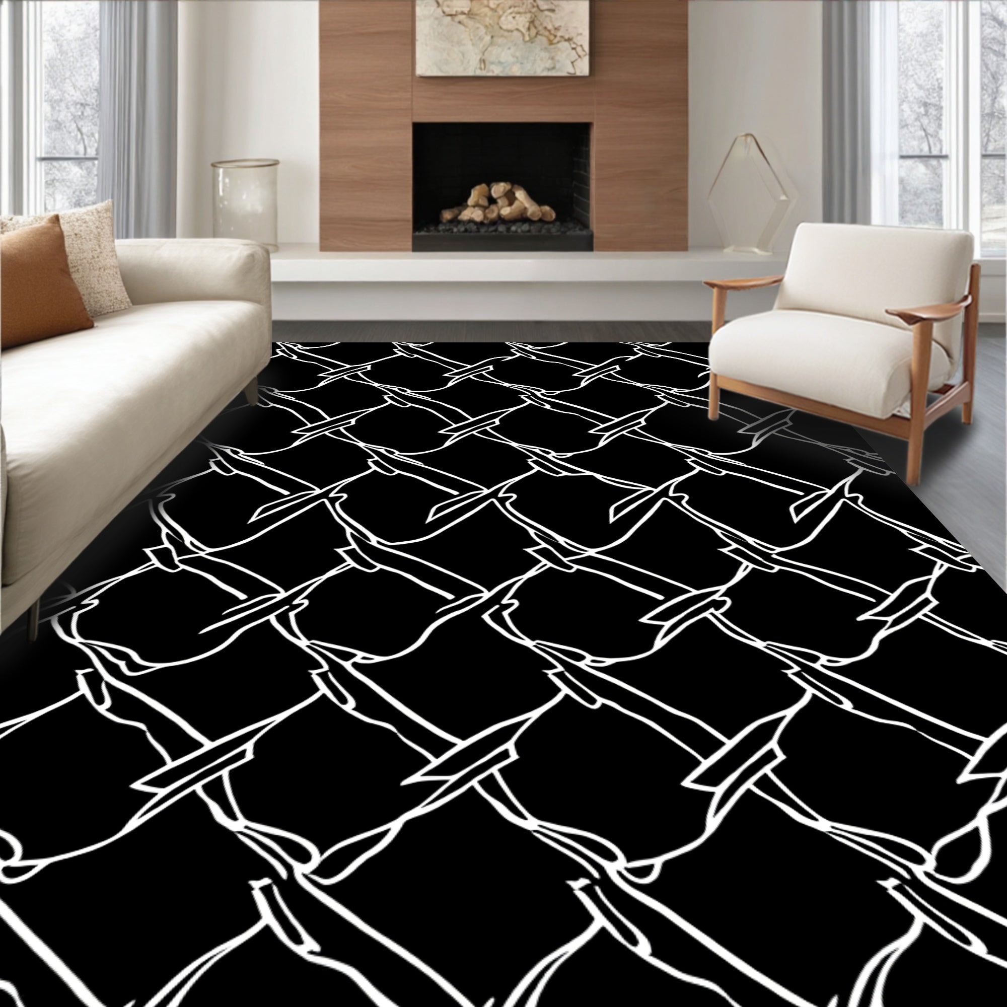 Abstract White Geometric Lattice Pattern Rug