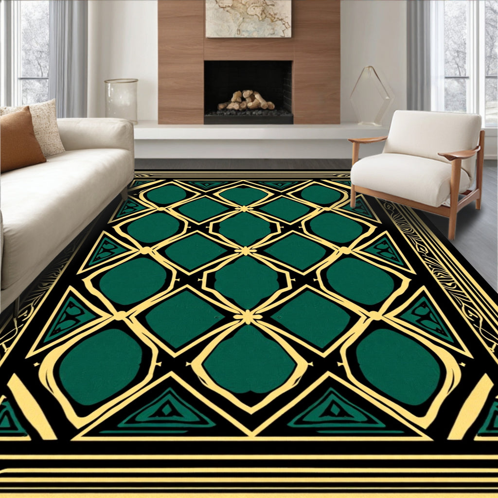 Emerald Golden Geometric Pattern Rug