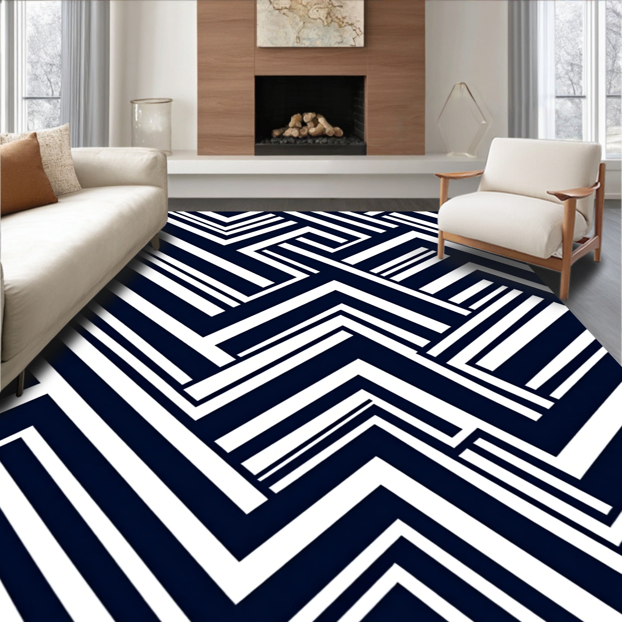 Modern Navy White Geometric Pattern Rug