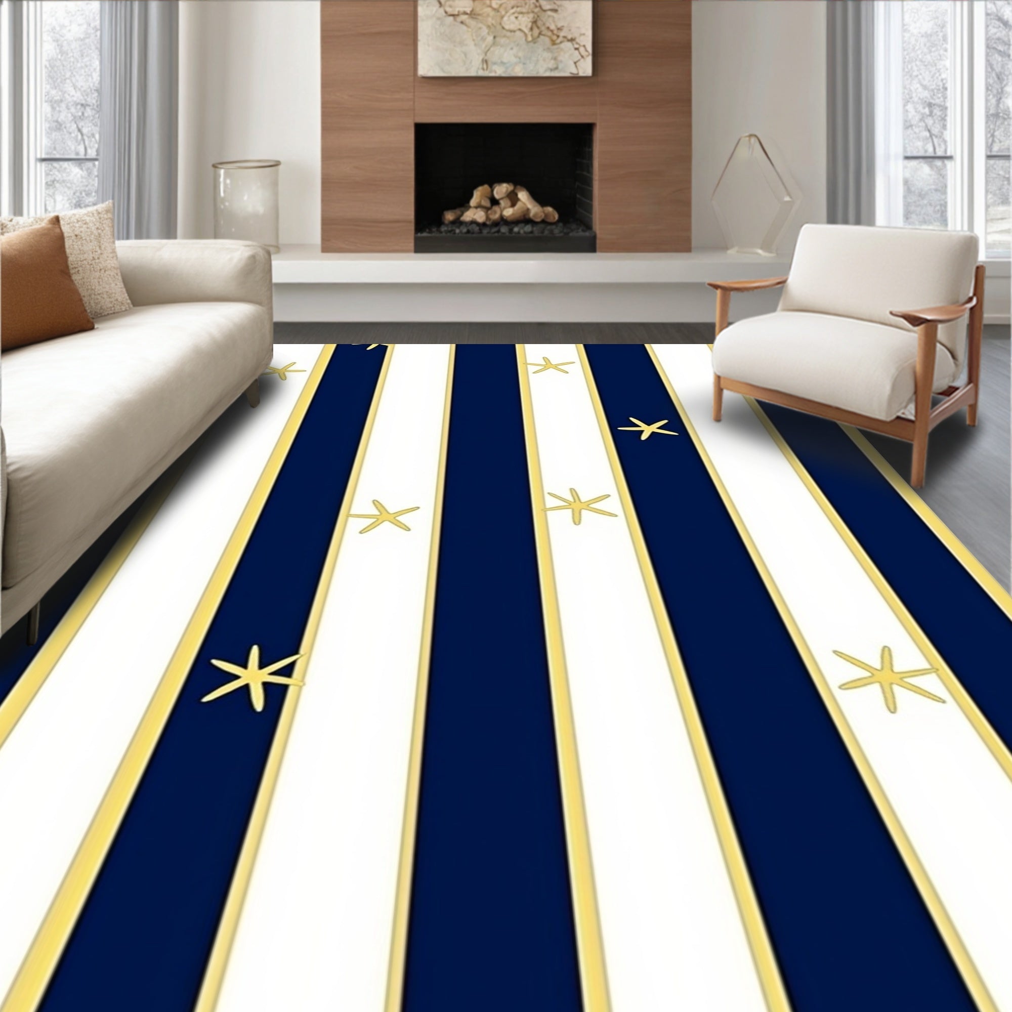 Navy White Gold Stripe Starfish Pattern Rug