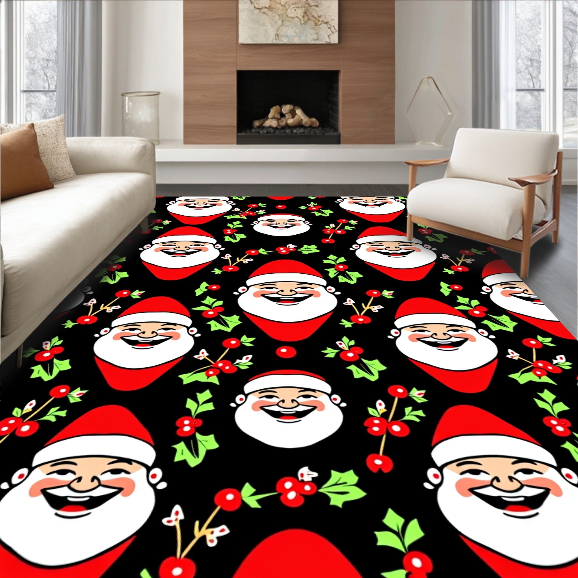 Jolly Santa Faces Holly Background Rug