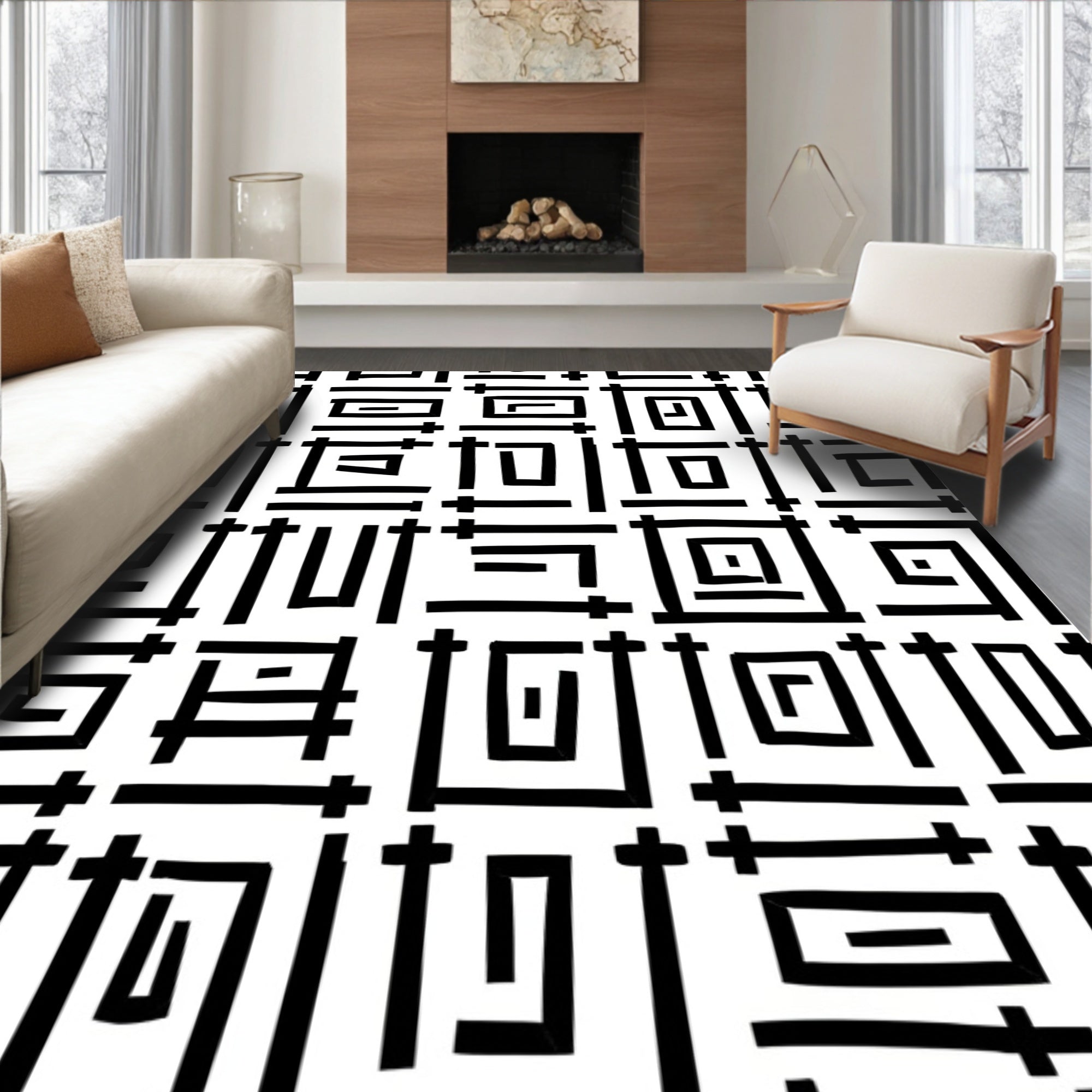 Bold Black Geometric Maze Design Rug