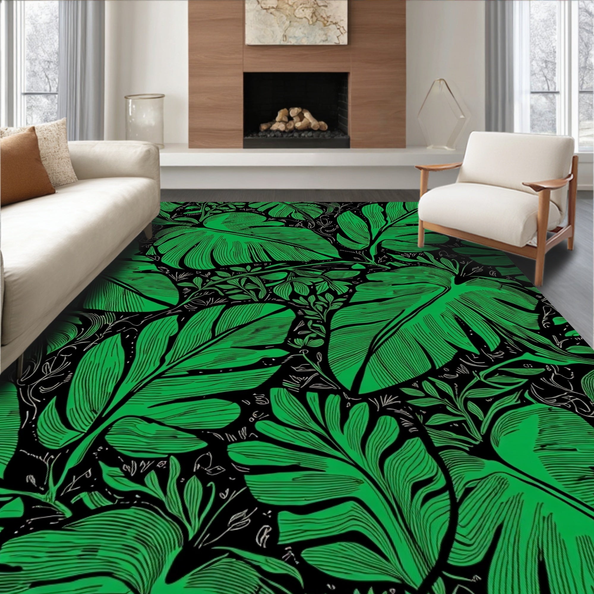 Verdant Leaf Pattern Art Deco Rug
