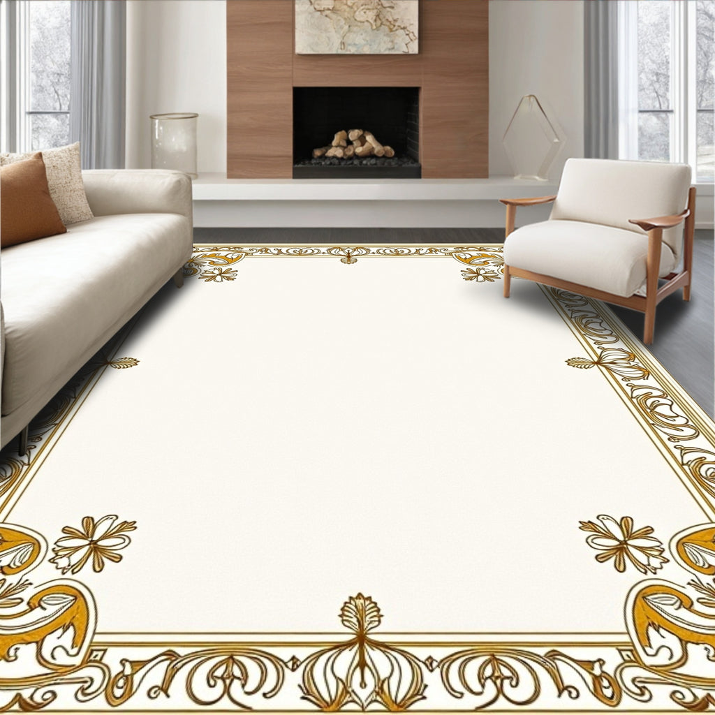 Ornate Gold Floral Scroll Border Rug