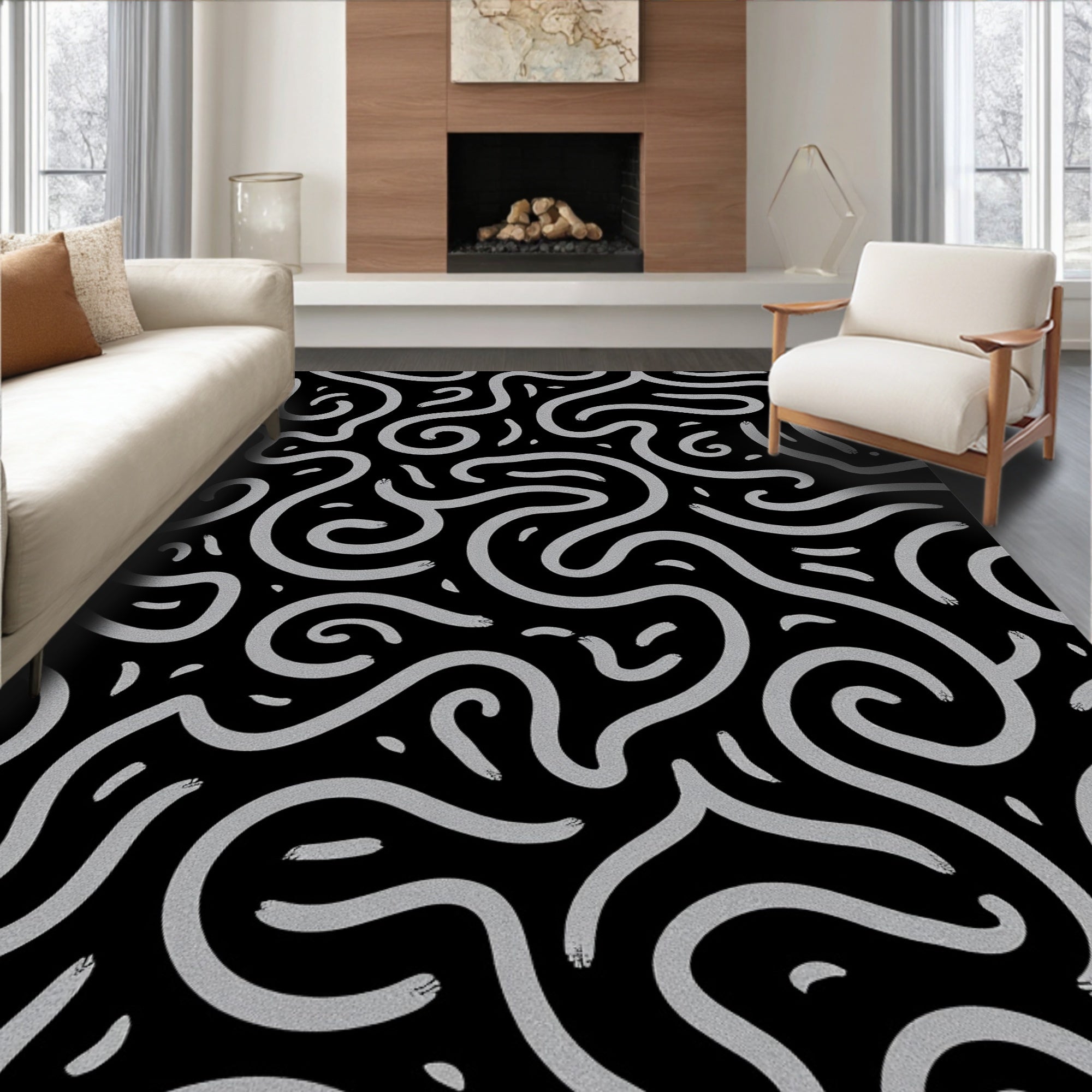 Abstract Swirling Light Gray Lines Rug