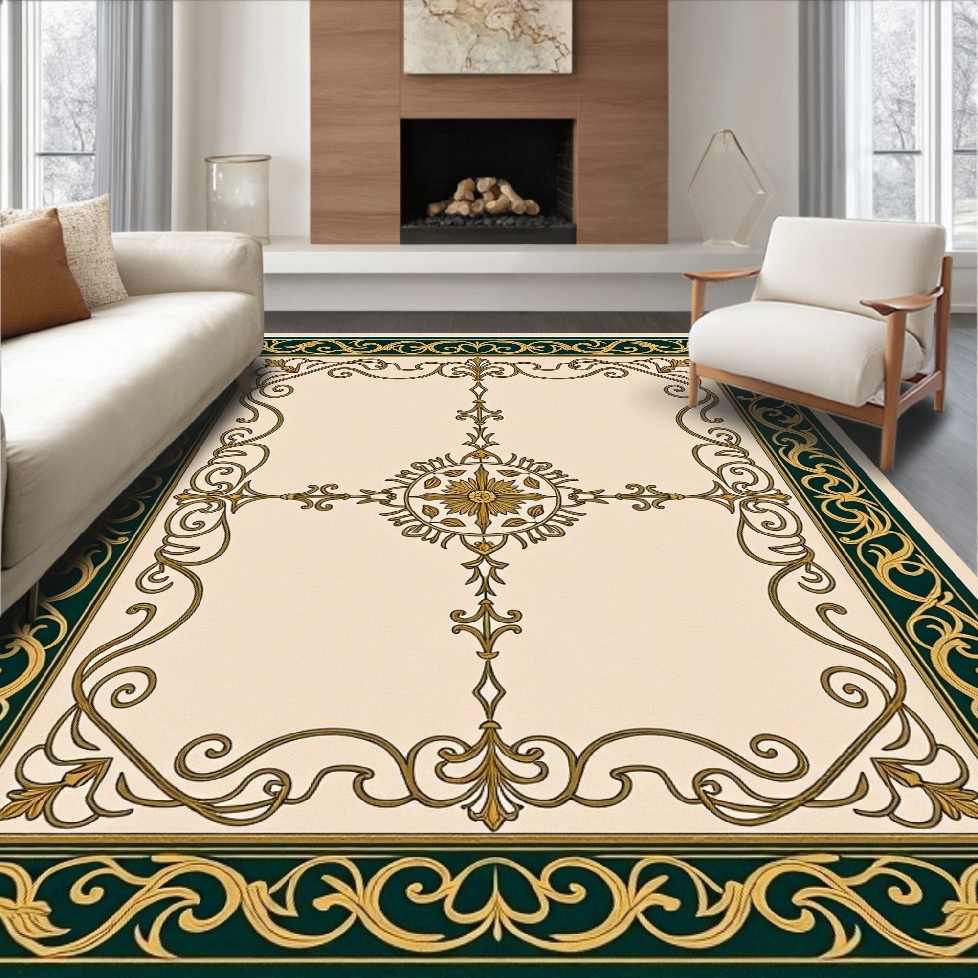 Ornate Gold Dark Green Scrollwork Rug