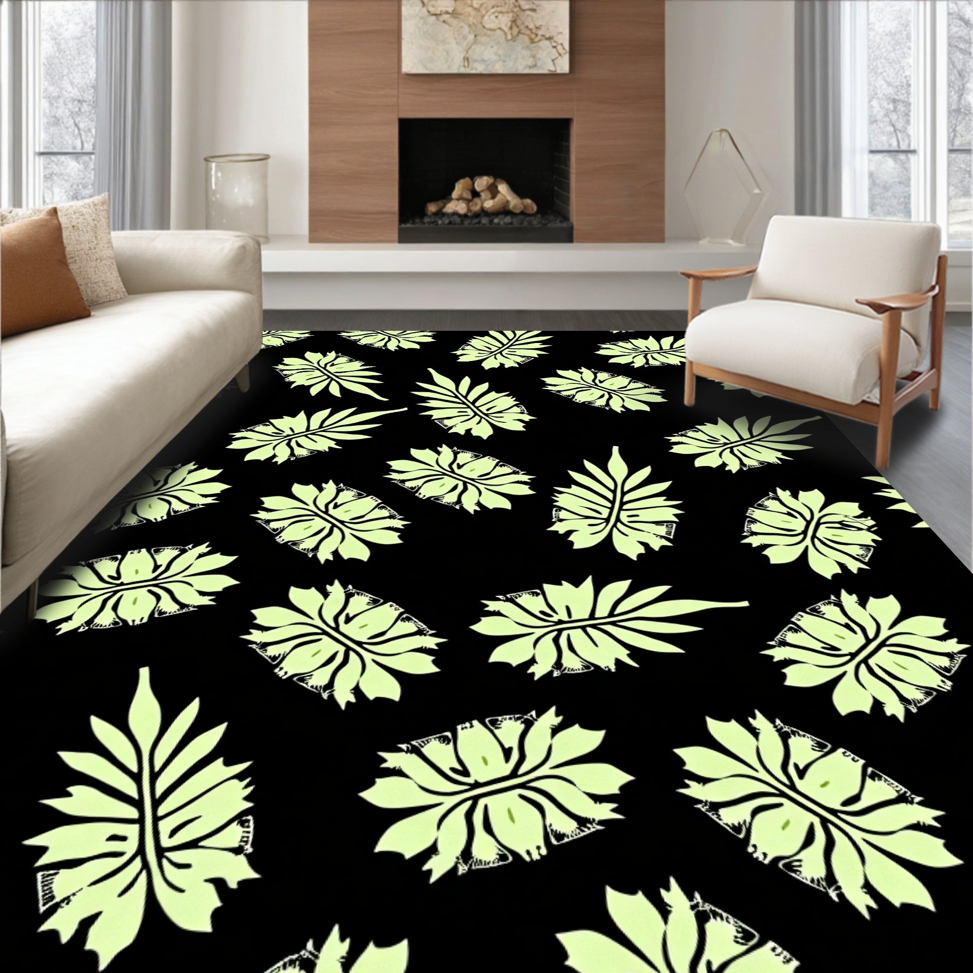 Light Green Leaf Patterned Design Rug