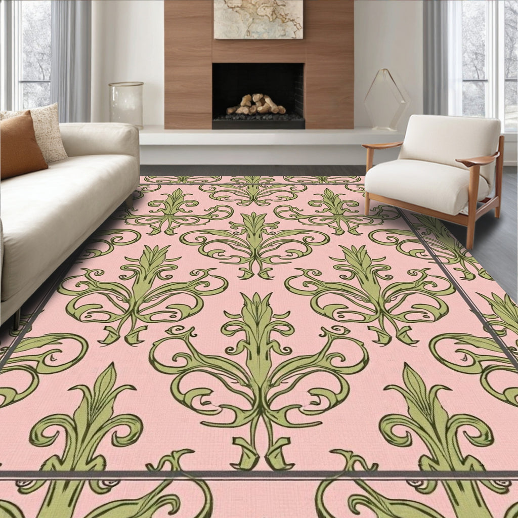 Elegant Green Damask Pattern Rug