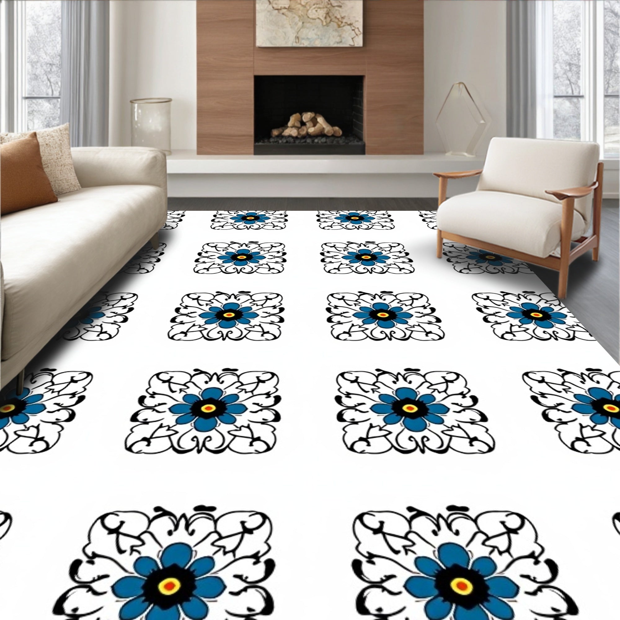 Charming Blue Floral Square Pattern Rug
