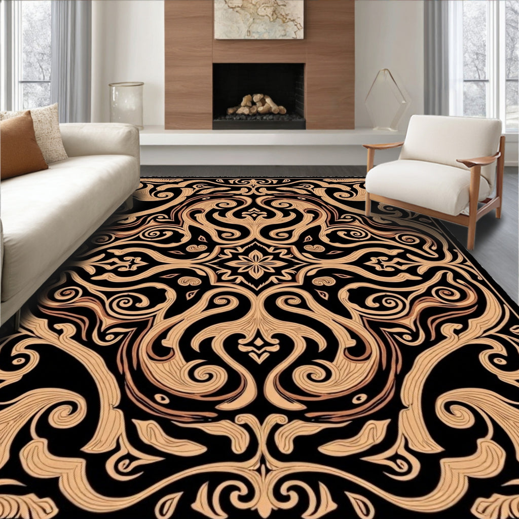 Intricate Black Gold Swirls Floral Design Rug