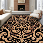 Intricate Black Gold Swirls Floral Design Rug