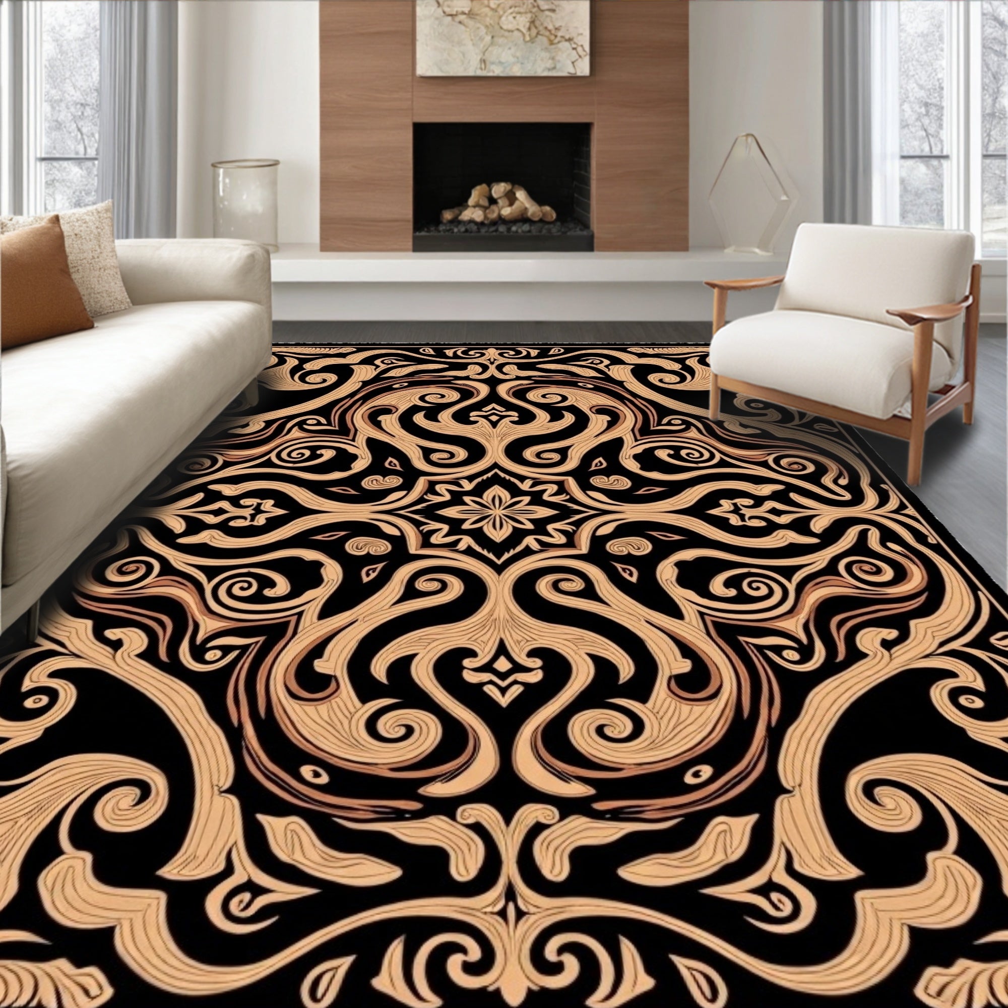 Intricate Black Gold Swirls Floral Design Rug