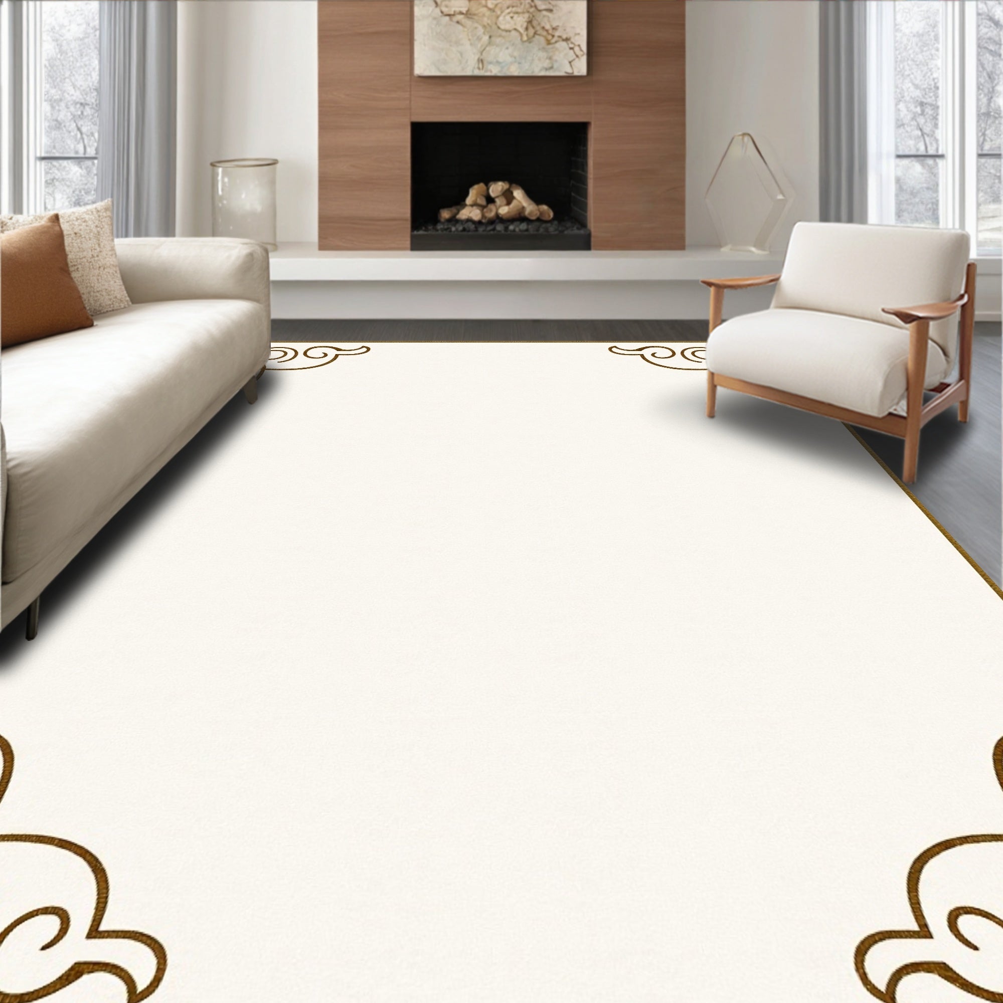 Elegant Cream Beige Scrollwork Pattern Rug