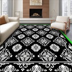 Black White Classical Floral Motif Rug