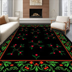 Vivid Green Floral Red Berry Border Rug