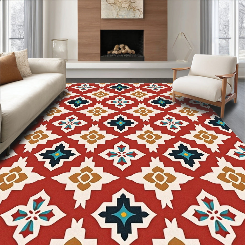 Red Geometric Floral Motif Rug