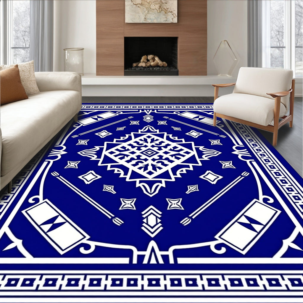 Bold Blue White Geometric Pattern Rug