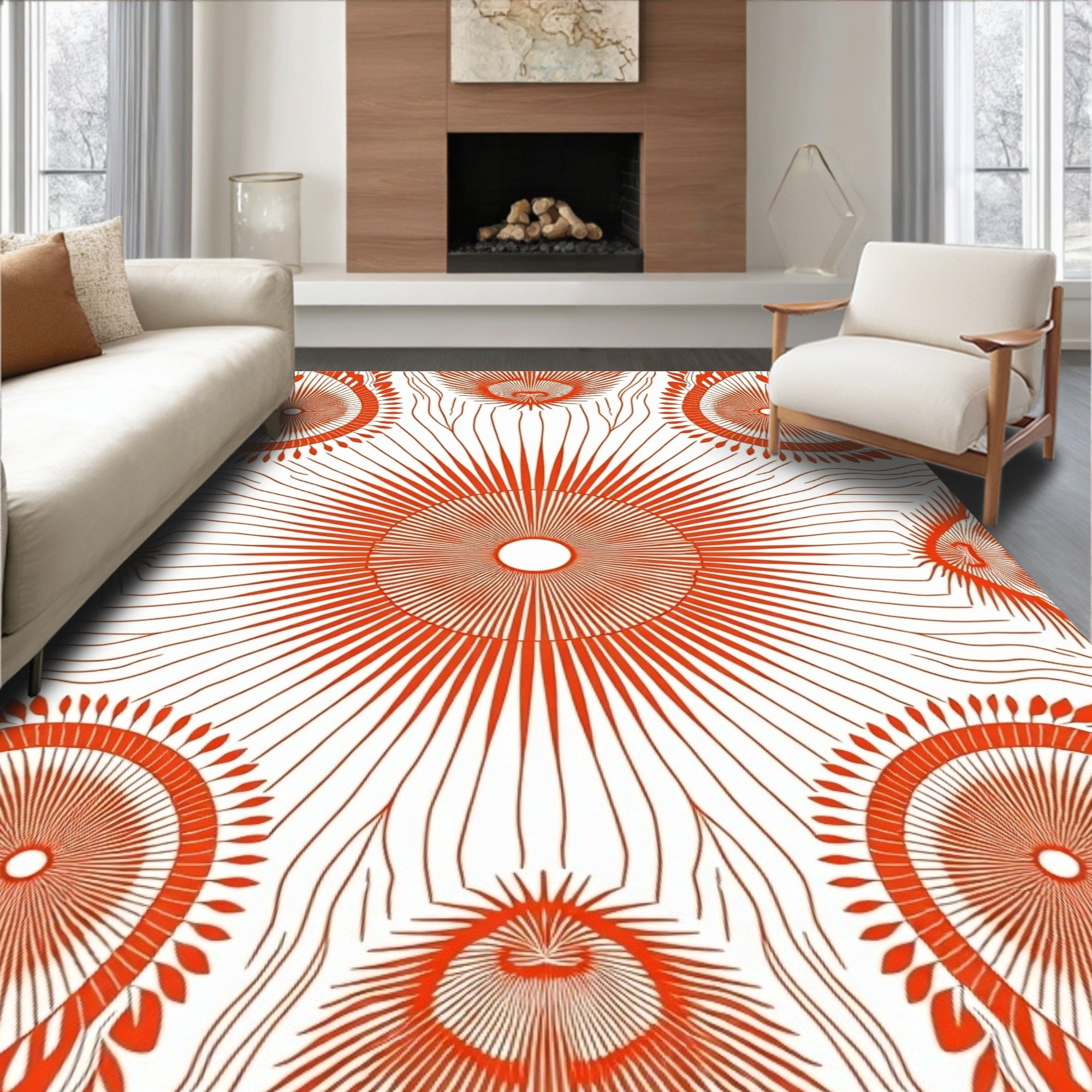 Radial Sunburst Patterned Orange Design Rug
