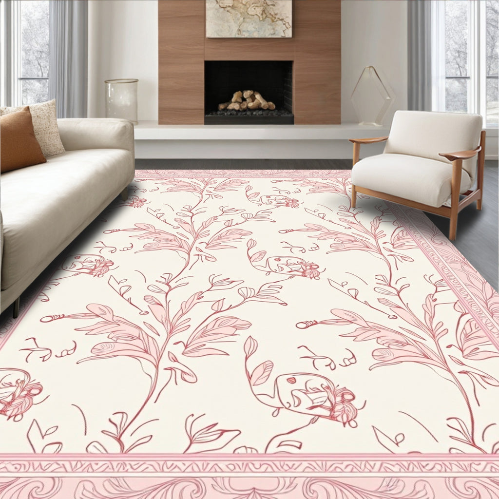 Delicate Pink Botanical Sketch Pattern Rug