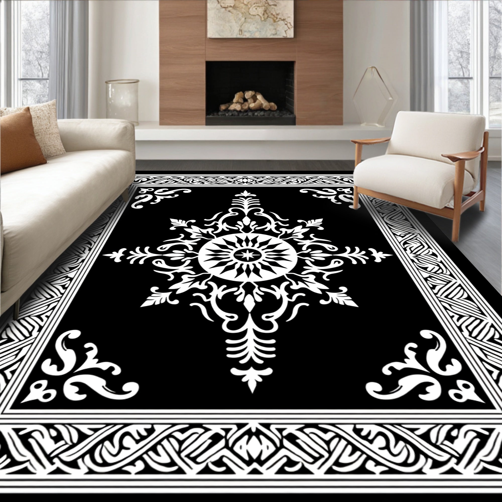 Ornate Black White Circular Pattern Rug